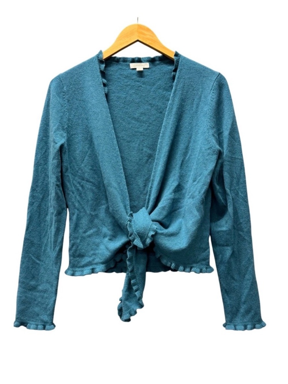 Garnet Hill Cashmere Cardigan Womens Medium Tie Front Ruffle Trim Teal Blue Soft